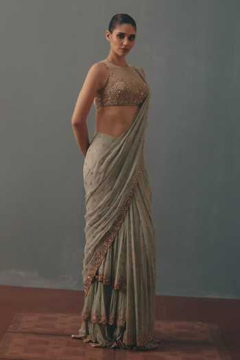 Arpita Mehta_Blue Georgette, Net High Neck Embroidered Pre-draped Saree With Blouse _Online_at_Aza_Fashions
