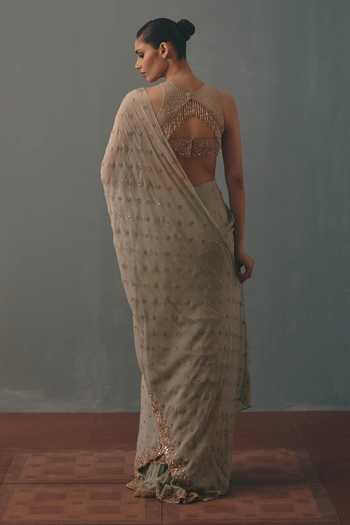 Shop_Arpita Mehta_Blue Georgette, Net High Neck Embroidered Pre-draped Saree With Blouse _at_Aza_Fashions