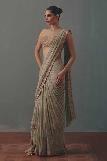 Buy_Arpita Mehta_Blue Georgette, Net High Neck Embroidered Pre-draped Saree With Blouse _Online_at_Aza_Fashions