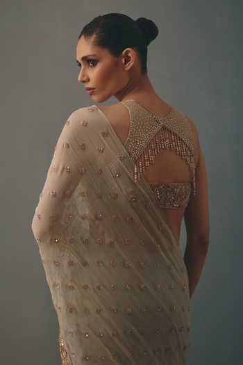 Shop_Arpita Mehta_Blue Georgette, Net High Neck Embroidered Pre-draped Saree With Blouse _Online_at_Aza_Fashions
