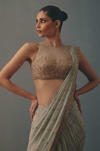 Arpita Mehta_Blue Georgette, Net High Neck Embroidered Pre-draped Saree With Blouse _at_Aza_Fashions