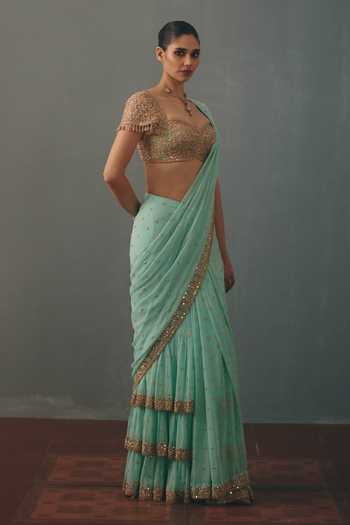 Arpita Mehta_Green Georgette, Net Sweetheart Hand Embroidered Pre-draped Saree And Blouse Set _Online_at_Aza_Fashions