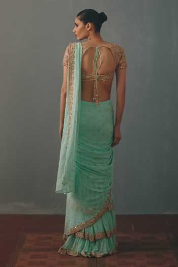 Shop_Arpita Mehta_Green Georgette, Net Sweetheart Hand Embroidered Pre-draped Saree And Blouse Set _at_Aza_Fashions