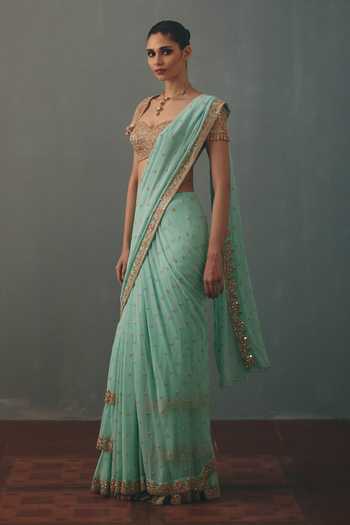 Buy_Arpita Mehta_Green Georgette, Net Sweetheart Hand Embroidered Pre-draped Saree And Blouse Set _Online_at_Aza_Fashions