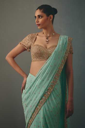 Shop_Arpita Mehta_Green Georgette, Net Sweetheart Hand Embroidered Pre-draped Saree And Blouse Set _Online_at_Aza_Fashions