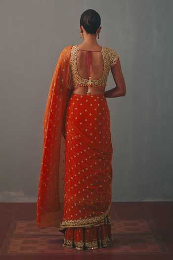 Shop_Arpita Mehta_Orange Georgette Scoop Neck Hand Embroidered Pre-draped Saree And Blouse Set _at_Aza_Fashions