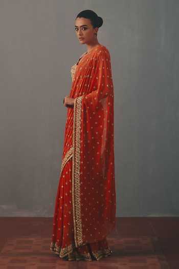 Arpita Mehta_Orange Georgette Scoop Neck Hand Embroidered Pre-draped Saree And Blouse Set _Online_at_Aza_Fashions