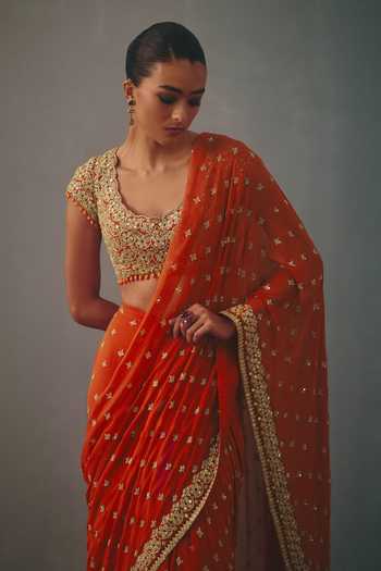 Buy_Arpita Mehta_Orange Georgette Scoop Neck Hand Embroidered Pre-draped Saree And Blouse Set _Online_at_Aza_Fashions