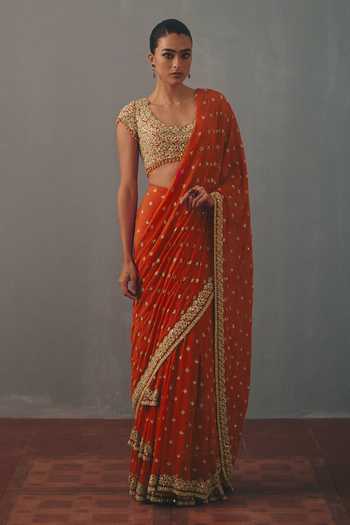 Shop_Arpita Mehta_Orange Georgette Scoop Neck Hand Embroidered Pre-draped Saree And Blouse Set _Online_at_Aza_Fashions