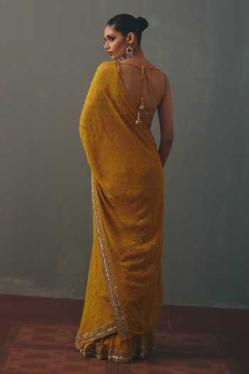 Shop_Arpita Mehta_Yellow Georgette Sweetheart Neck Hand Embroidered Pre-draped Saree With Blouse _at_Aza_Fashions