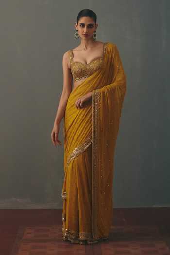 Buy_Arpita Mehta_Yellow Georgette Sweetheart Neck Hand Embroidered Pre-draped Saree With Blouse _at_Aza_Fashions