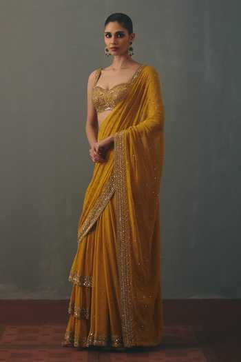 Arpita Mehta_Yellow Georgette Sweetheart Neck Hand Embroidered Pre-draped Saree With Blouse _Online_at_Aza_Fashions