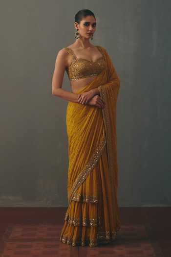 Buy_Arpita Mehta_Yellow Georgette Sweetheart Neck Hand Embroidered Pre-draped Saree With Blouse _Online_at_Aza_Fashions
