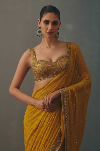 Shop_Arpita Mehta_Yellow Georgette Sweetheart Neck Hand Embroidered Pre-draped Saree With Blouse _Online_at_Aza_Fashions