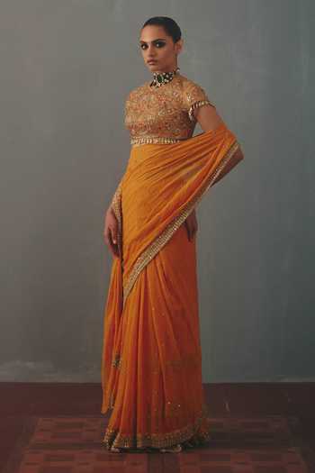 Arpita Mehta_Orange Georgette, Net Round Neck Hand Embroidered Pre-draped Saree With Blouse _Online_at_Aza_Fashions