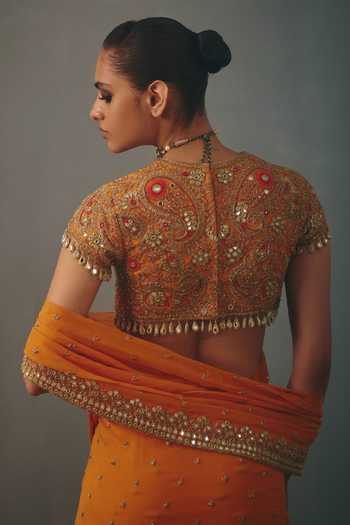 Buy_Arpita Mehta_Orange Georgette, Net Round Neck Hand Embroidered Pre-draped Saree With Blouse _Online_at_Aza_Fashions
