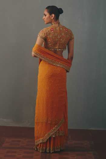 Shop_Arpita Mehta_Orange Georgette, Net Round Neck Hand Embroidered Pre-draped Saree With Blouse _at_Aza_Fashions