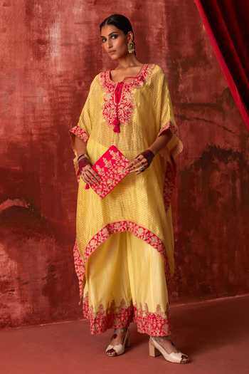 Buy_Studio Rang by Swati_Yellow , Tissue, Silk Bajre Da Sita Embroidered Kaftan Set _at_Aza_Fashions