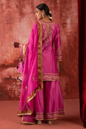Shop_Studio Rang by Swati_Pink Chanderi Silk, Chiffon Gulaabi Aankhein Embroidered Kurta Sharara Set _at_Aza_Fashions
