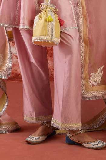 Studio Rang by Swati_Purple Chanderi Silk, Organza V-neck Shaam Gulabi Embroidered Anarkali Set _Online_at_Aza_Fashions