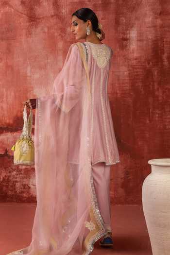 Shop_Studio Rang by Swati_Purple Chanderi Silk, Organza V-neck Shaam Gulabi Embroidered Anarkali Set _at_Aza_Fashions
