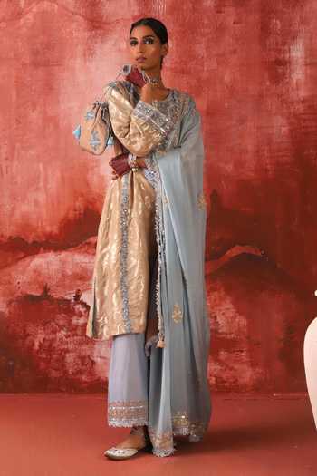 Shop_Studio Rang by Swati_Beige , Silk, Chiffon, Silk, Laung Da Lashkara Woven Kurta Set _Online_at_Aza_Fashions