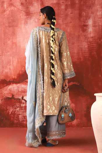 Shop_Studio Rang by Swati_Beige , Silk, Chiffon, Silk, Laung Da Lashkara Woven Kurta Set _at_Aza_Fashions