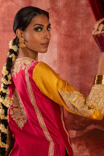 Shop_Studio Rang by Swati_Pink Chanderi Silk, Chiffon Split V-neck Pakeezah Embroidered Kurta Set _at_Aza_Fashions