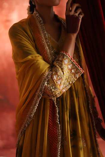 Buy_Studio Rang by Swati_Yellow Silk, Chanderi Silk, Chiffon V-neck Shagna Di Haldi Anarkali Set _Online_at_Aza_Fashions
