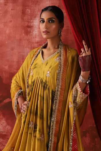 Studio Rang by Swati_Yellow Silk, Chanderi Silk, Chiffon V-neck Shagna Di Haldi Anarkali Set _at_Aza_Fashions