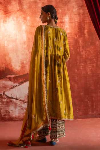 Shop_Studio Rang by Swati_Yellow Silk, Chanderi Silk, Chiffon V-neck Shagna Di Haldi Anarkali Set _at_Aza_Fashions