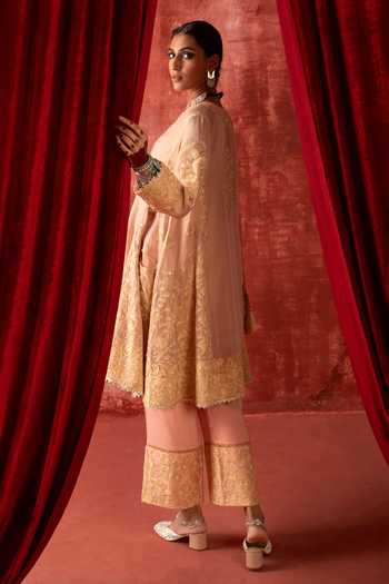 Shop_Studio Rang by Swati_Peach Chanderi, Tissue, Silk, Cotton Split Madhubala Choga Kurta And Pant Set _at_Aza_Fashions