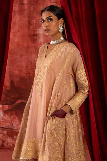 Studio Rang by Swati_Peach Chanderi, Tissue, Silk, Cotton Split Madhubala Choga Kurta And Pant Set _Online_at_Aza_Fashions