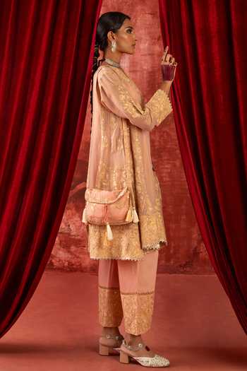 Buy_Studio Rang by Swati_Peach Chanderi, Tissue, Silk, Cotton Split Madhubala Choga Kurta And Pant Set _Online_at_Aza_Fashions