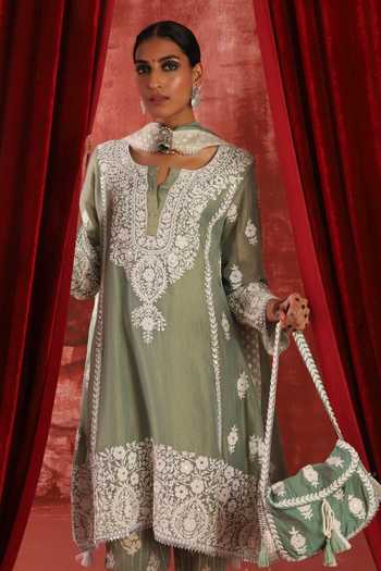 Buy_Studio Rang by Swati_Green Chanderi, Tissue, Cotton, Silk Round Neck Phillauri Embroidered Kurta Set _Online_at_Aza_Fashions