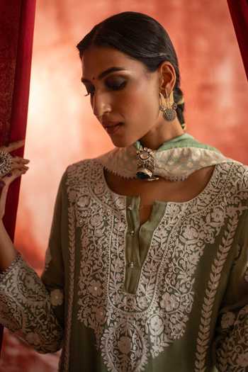 Shop_Studio Rang by Swati_Green Chanderi, Tissue, Cotton, Silk Round Neck Phillauri Embroidered Kurta Set _Online_at_Aza_Fashions
