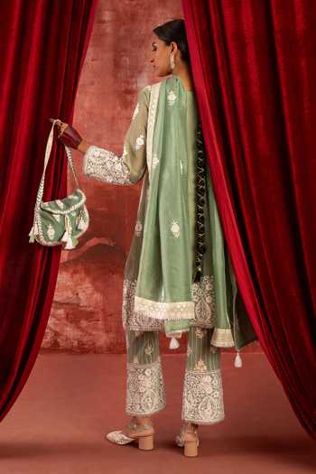 Shop_Studio Rang by Swati_Green Chanderi, Tissue, Cotton, Silk Round Neck Phillauri Embroidered Kurta Set _at_Aza_Fashions