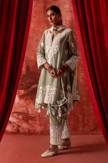 Studio Rang by Swati_Green Chanderi, Tissue, Cotton, Silk Round Neck Phillauri Embroidered Kurta Set _at_Aza_Fashions