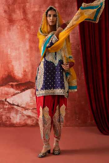 Buy_Studio Rang by Swati_Blue Chanderi Silk, Silk, Organza Round Patakha Guddi Embroidered Kurta Set _Online_at_Aza_Fashions
