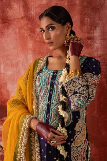 Studio Rang by Swati_Blue Chanderi Silk, Silk, Organza Round Patakha Guddi Embroidered Kurta Set _at_Aza_Fashions