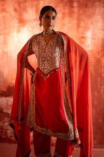 Studio Rang by Swati_Red Silk, Chiffon Split V-neck, Yes Shaahi Ishq Embroidered Choga Kurta Set _at_Aza_Fashions