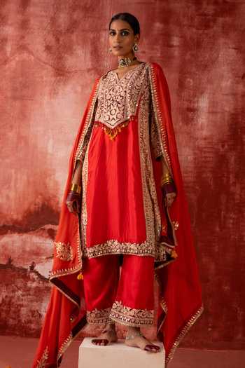 Shop_Studio Rang by Swati_Red Silk, Chiffon Split V-neck, Yes Shaahi Ishq Embroidered Choga Kurta Set 