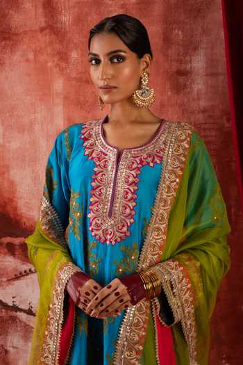 Studio Rang by Swati_Blue Chanderi Silk, Silk, Chiffon Round Neck Rasm-e-phillauri Kurta Set _at_Aza_Fashions