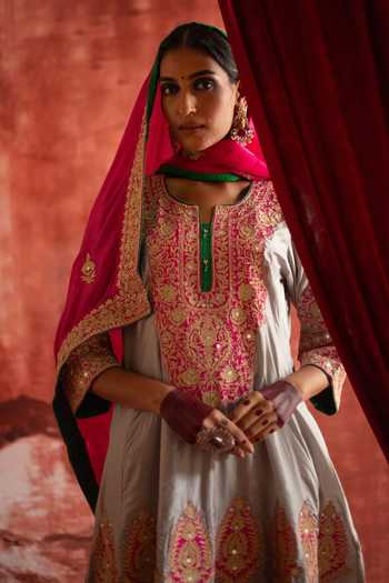 Studio Rang by Swati_Grey Silk Round Neck Nergis Embroidered Anarkali Set _Online_at_Aza_Fashions