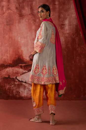 Shop_Studio Rang by Swati_Grey Silk Round Neck Nergis Embroidered Anarkali Set _at_Aza_Fashions