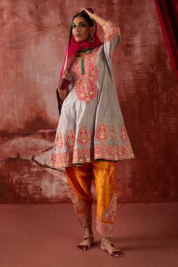 Buy_Studio Rang by Swati_Grey Silk Round Neck Nergis Embroidered Anarkali Set _at_Aza_Fashions