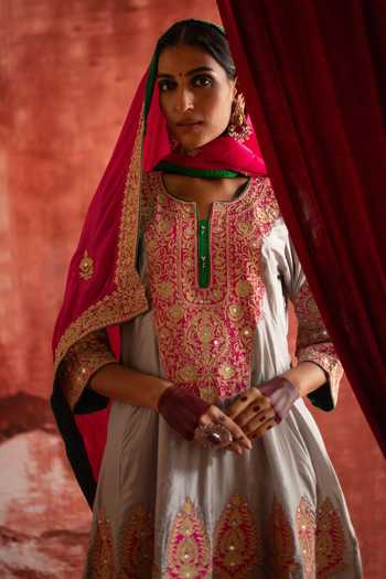 Studio Rang by Swati_Grey Silk Round Neck Nergis Embroidered Anarkali Set _at_Aza_Fashions