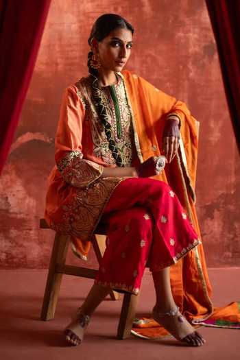 Shop_Studio Rang by Swati_Orange Chanderi Silk, Silk, Chiffon Round Dhadak Embroidered Kurta Pant Set _at_Aza_Fashions