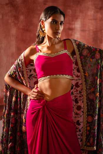 Shop_Studio Rang by Swati_Multi Color Georgette, Crepe Square Neck Rose Reverie Draped Skirt Set _Online_at_Aza_Fashions