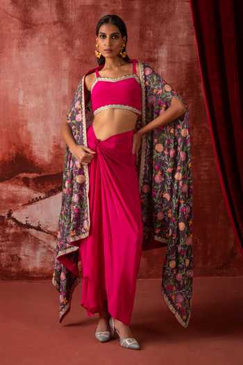 Buy_Studio Rang by Swati_Multi Color Georgette, Crepe Square Neck Rose Reverie Draped Skirt Set _at_Aza_Fashions